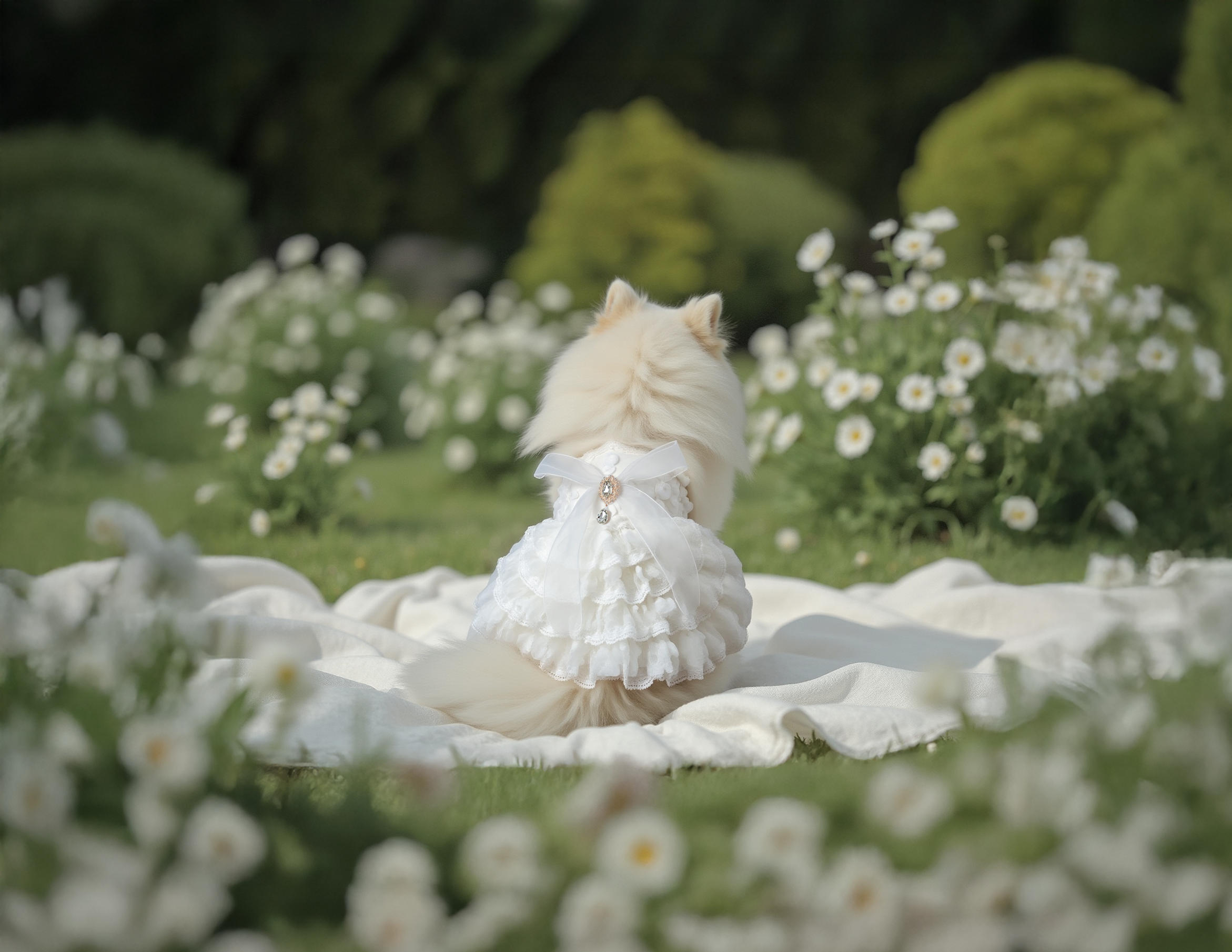 dog wearing ethereal wedding dress